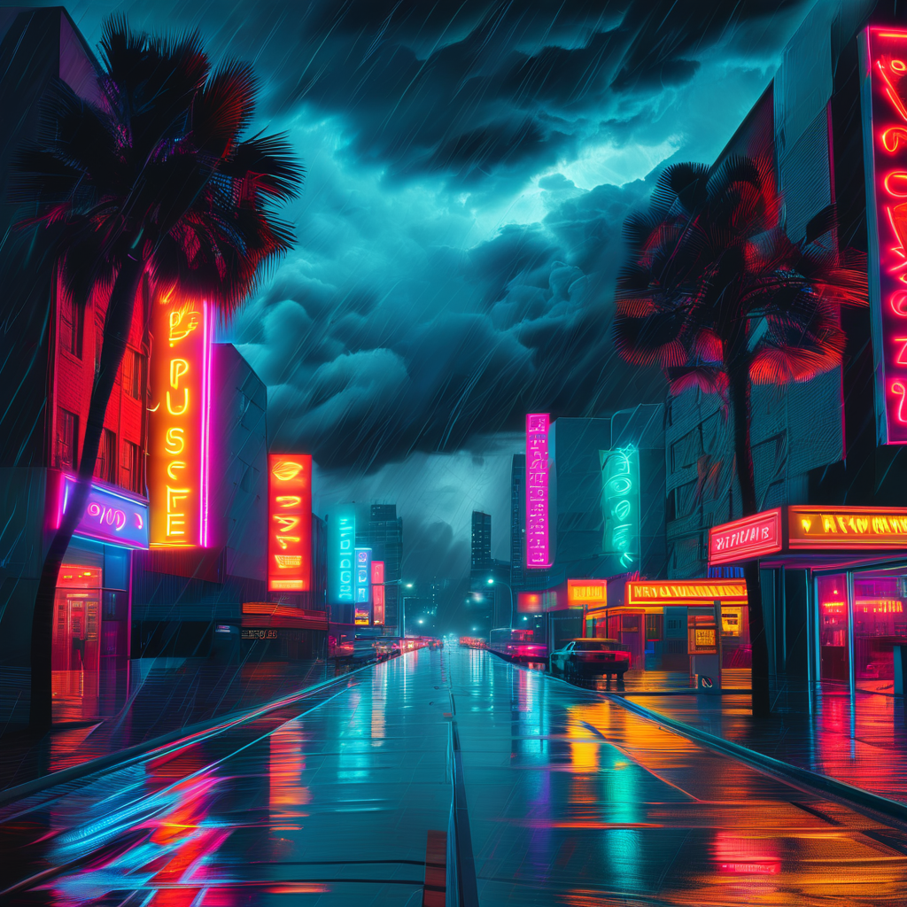 Neon Glow AI art: 波普艺术风格的城市拼贴，暴风雨来临前的压抑天空