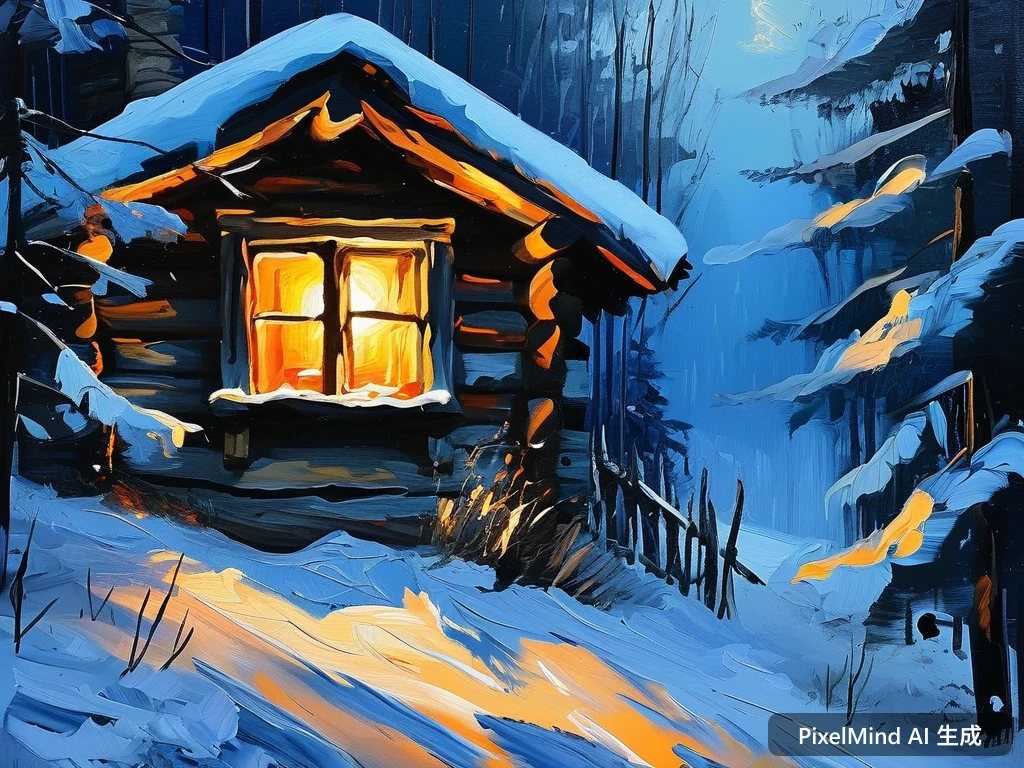 Oil Painting AI art: 雪夜里温暖的木屋窗口透出灯光，逆光形成的唯美剪影
