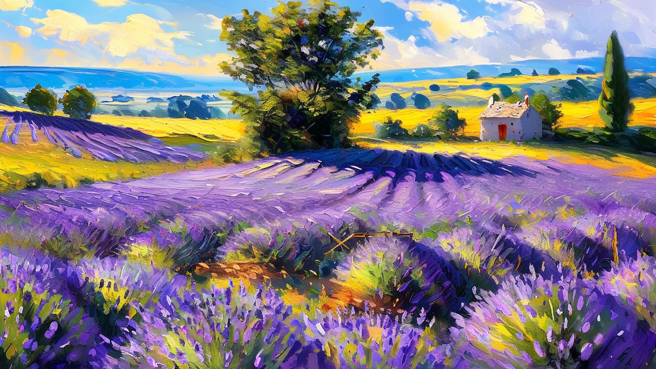 Impressionism AI art: 薰衣草田一望无际，远处是法式小屋，盛夏明媚的正午阳光