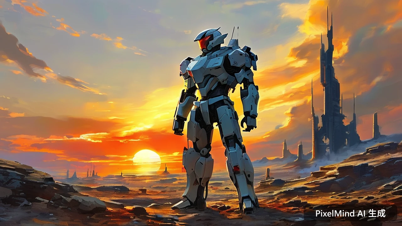 Sci-Fi AI art: 机甲战士伫立在废土之上，夕阳如血