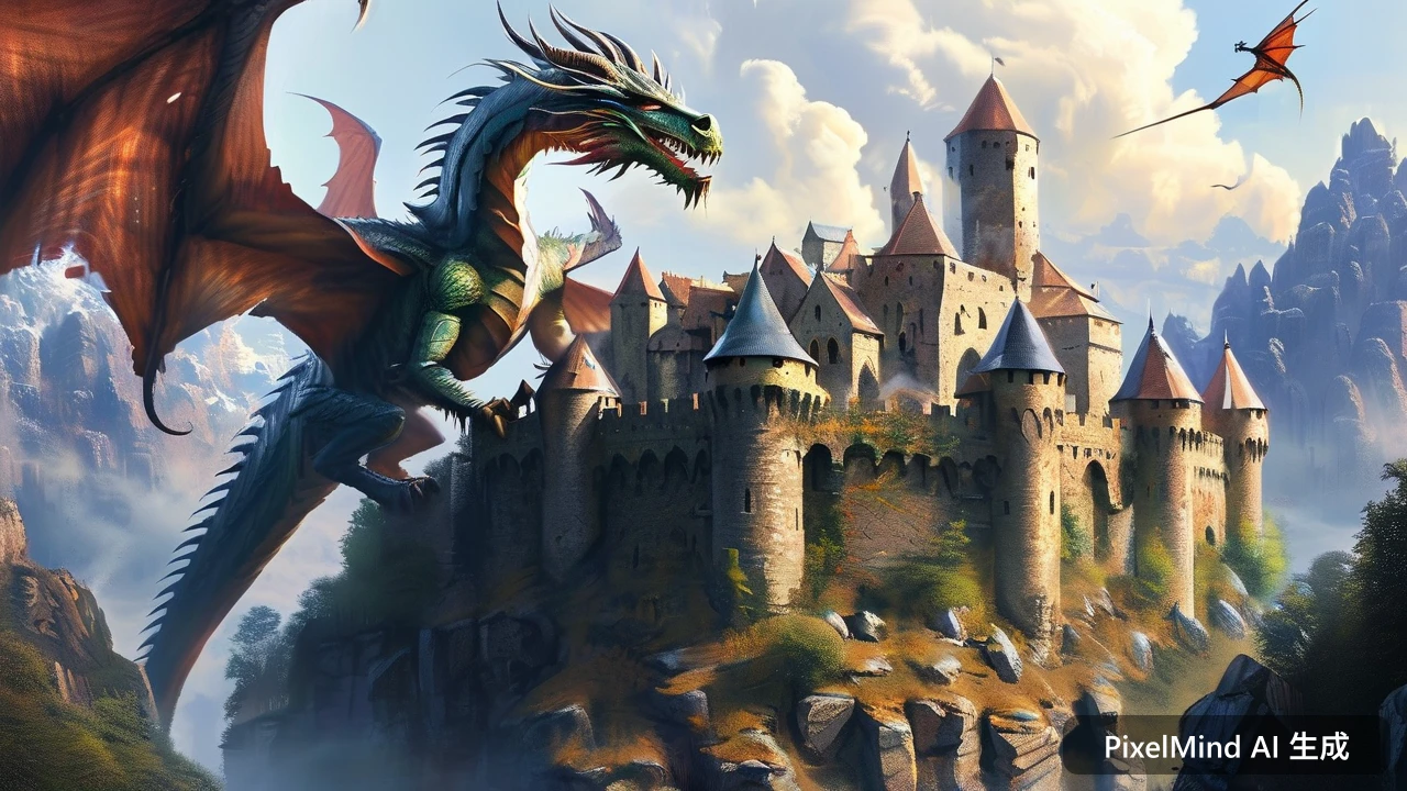 Fantasy AI art: 巨龙盘旋在中世纪城堡上空