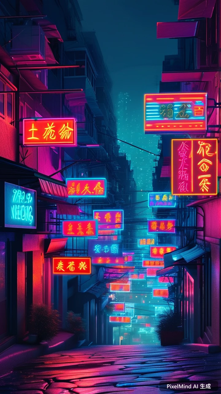 Neon Glow AI art: 霓虹灯牌密布的香港老街夜景