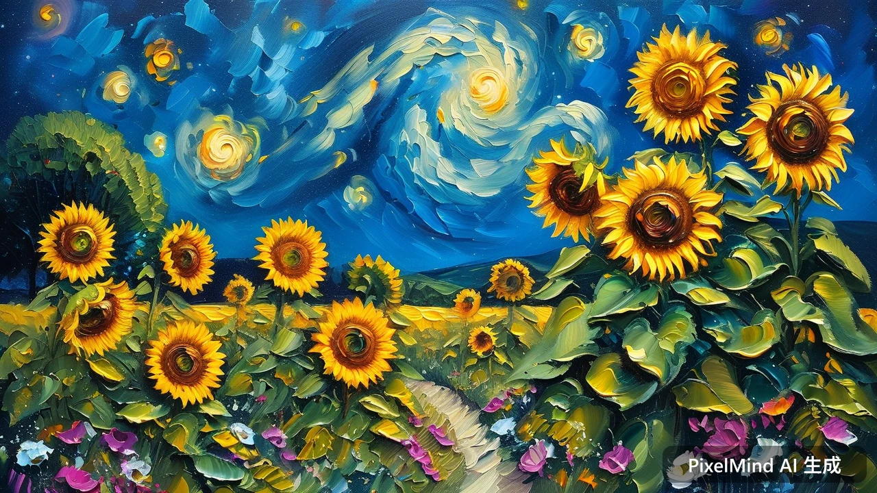 Oil Painting AI art: 星空下盛开的向日葵田