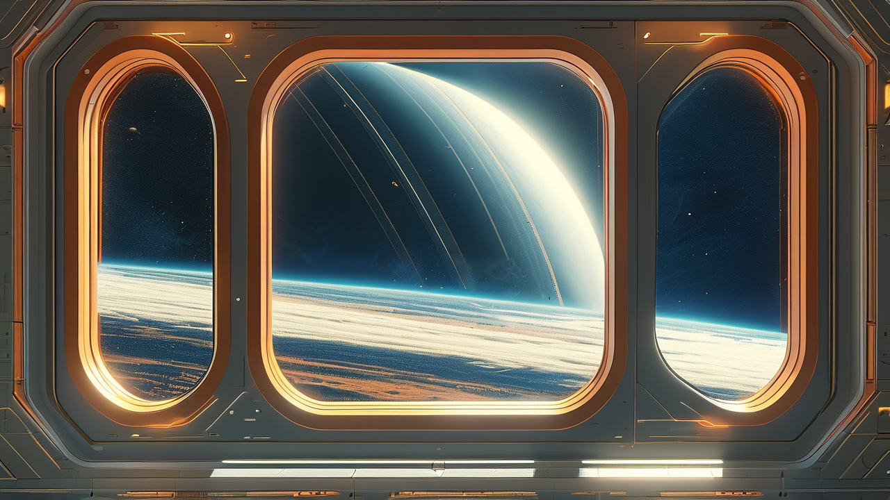 Sci-Fi AI art: 太空站舷窗外的土星光环，极简留白的构图