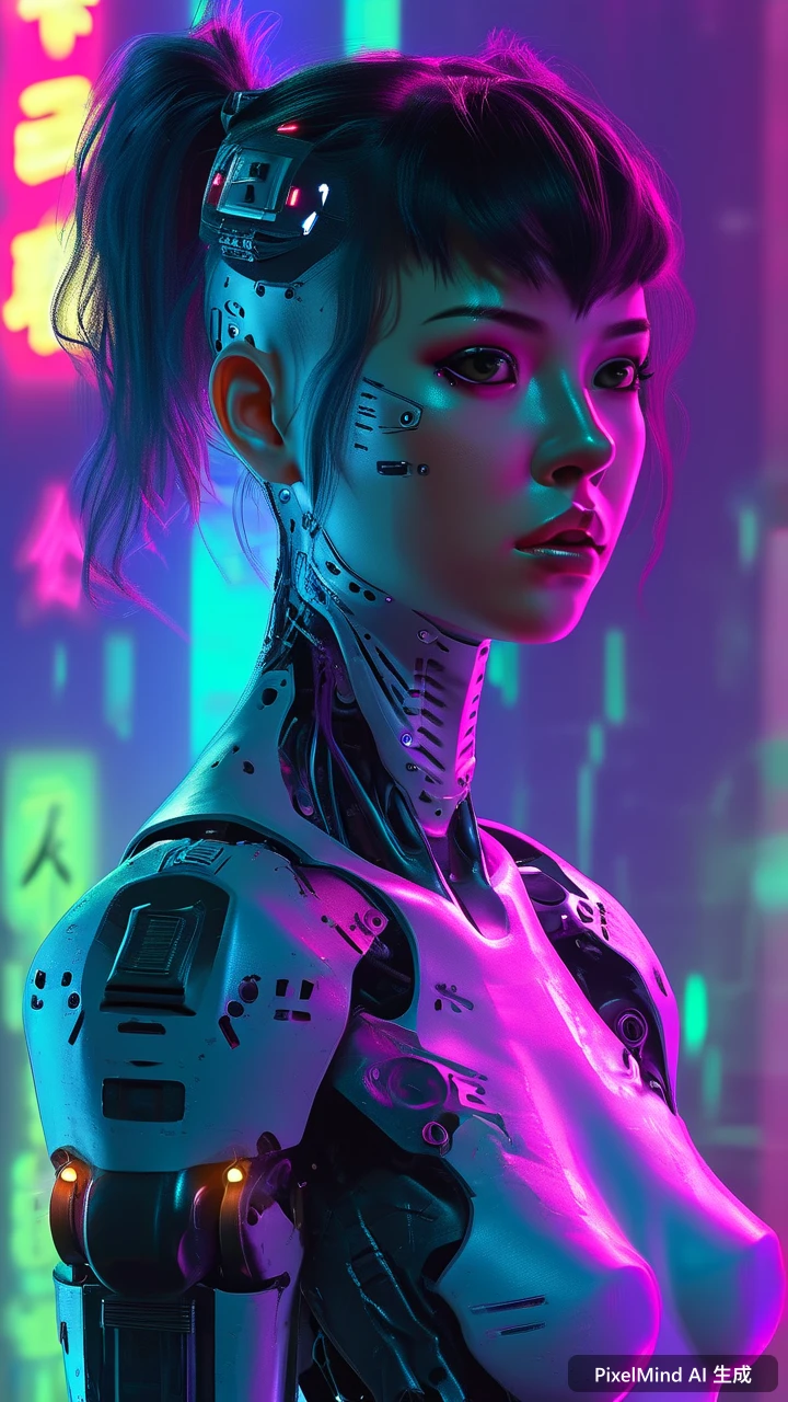 Cyberpunk AI art: 赛博朋克女孩，半机械义体，霓虹背景，清晨柔和的阳光下