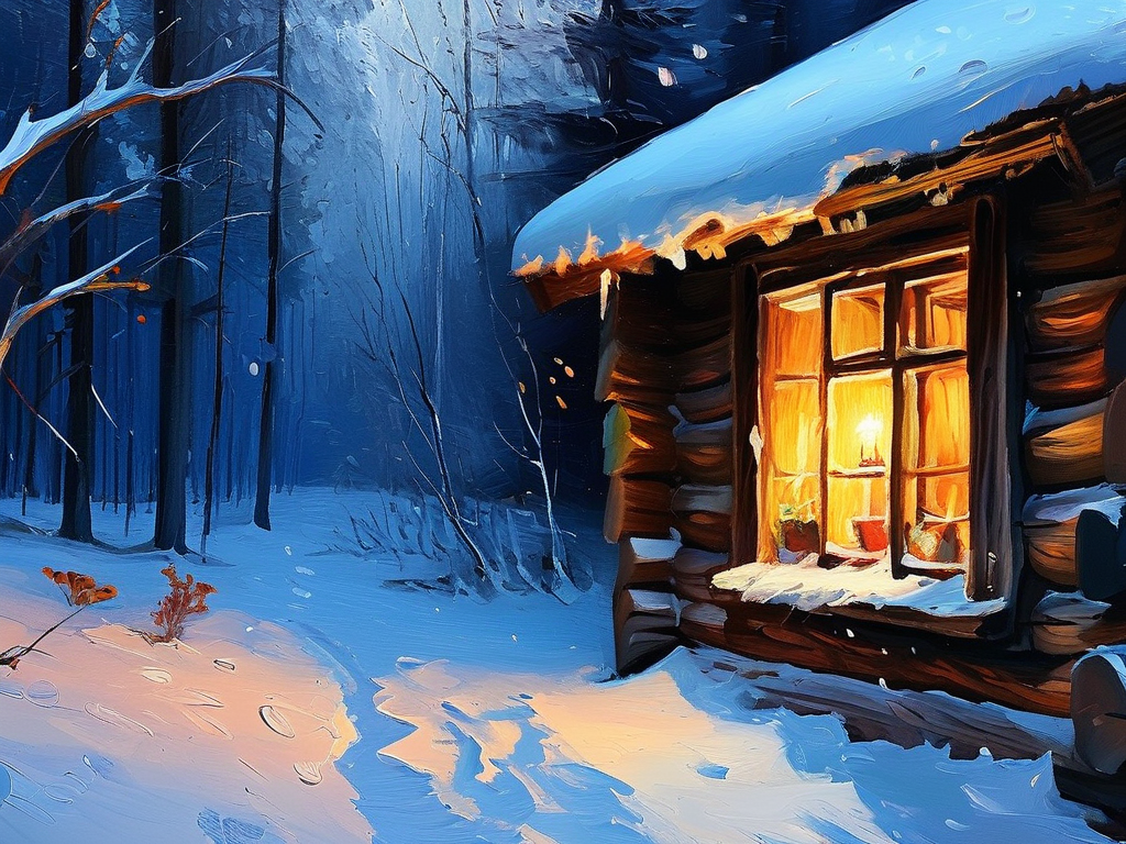 Oil Painting AI art: 雪夜里温暖的木屋窗口透出灯光，梦幻柔焦的浪漫氛围