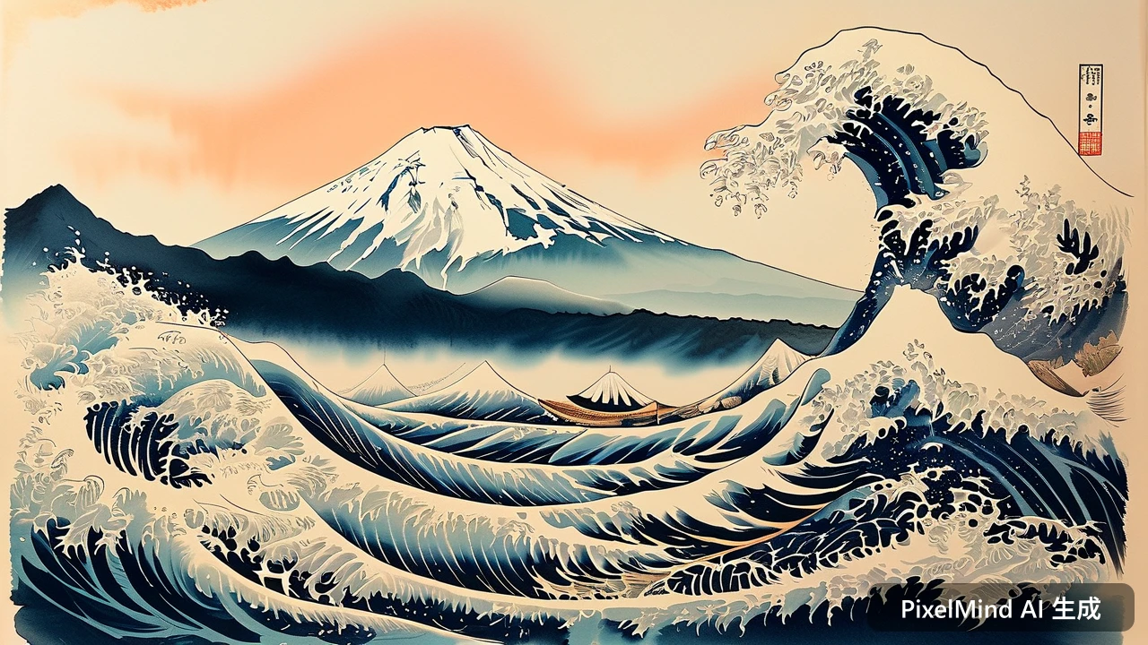 Ink Wash AI art: 浮世绘风格的海浪与富士山，梦幻柔焦的浪漫氛围