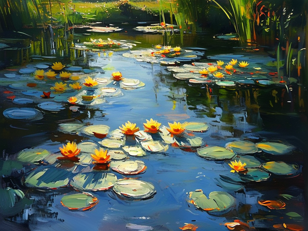 Impressionism AI art: 莫奈风格的睡莲池塘，逆光形成的唯美剪影