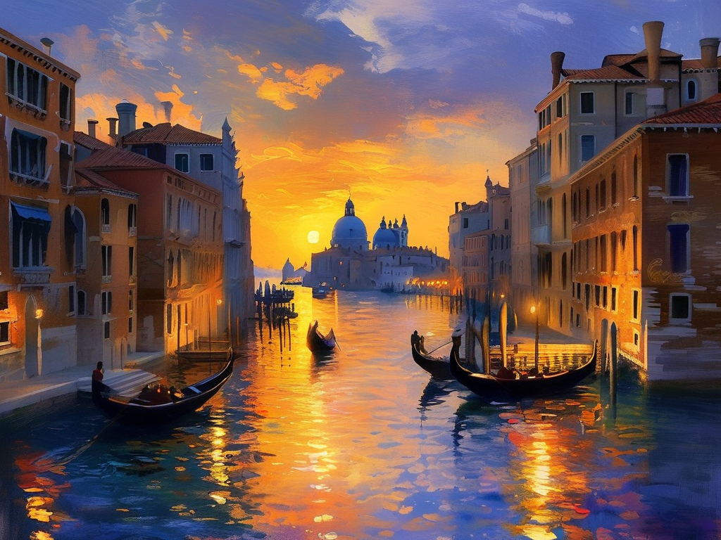 Impressionism AI art: 威尼斯运河的黄昏，贡多拉缓缓驶过，黄昏温暖的金色光线
