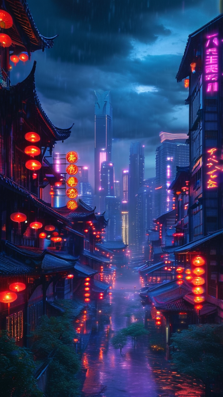 Cyberpunk AI art: 重庆魔幻3D立体城市夜景，暴风雨来临前的压抑天空