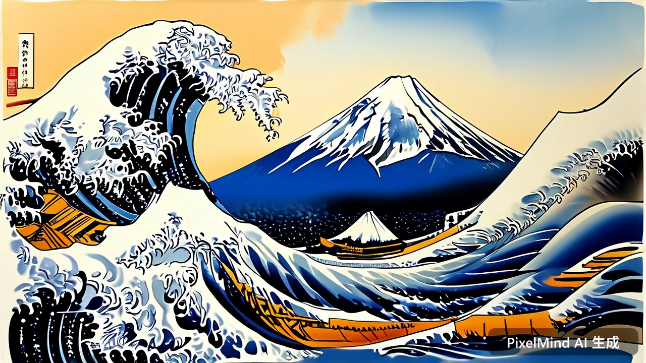 Ink Wash AI art: 浮世绘风格的海浪与富士山
