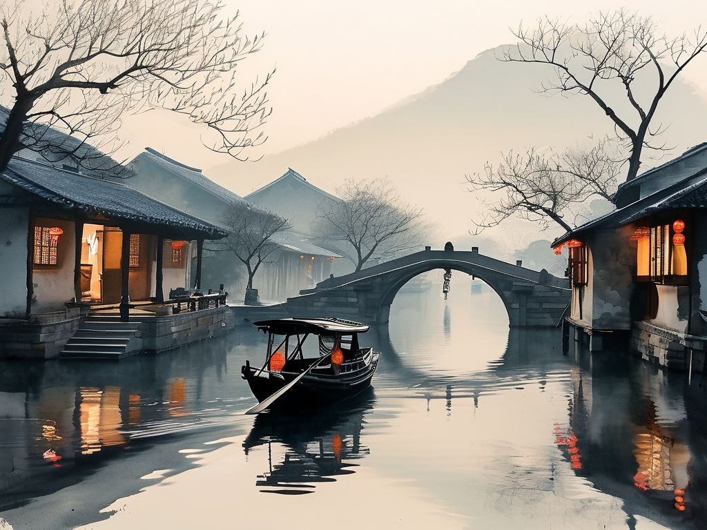 Ink Wash AI art: 江南水乡的清晨，乌篷船划过石桥，梦幻柔焦的浪漫氛围